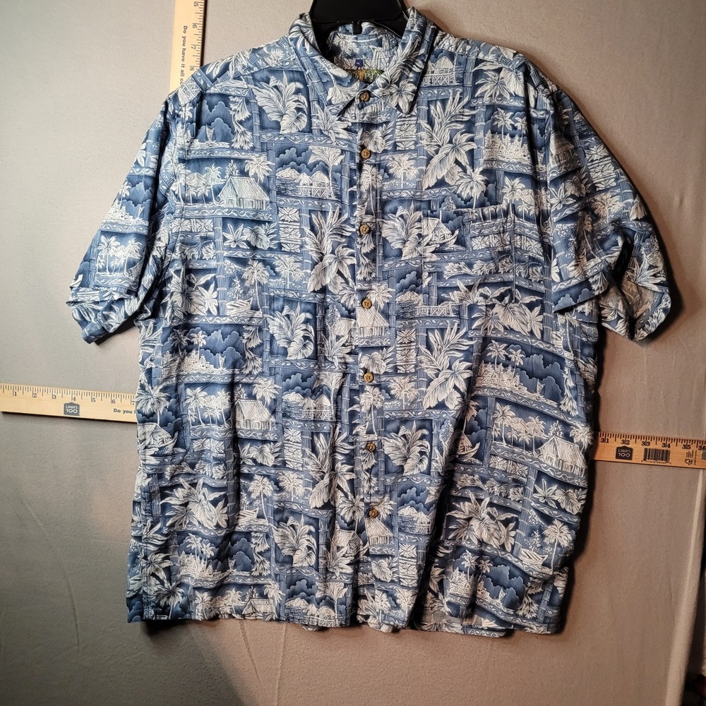 Campia Men XL Blue Tropical Island Palm Tree Rayon Spandex Hawaiian Button Shirt